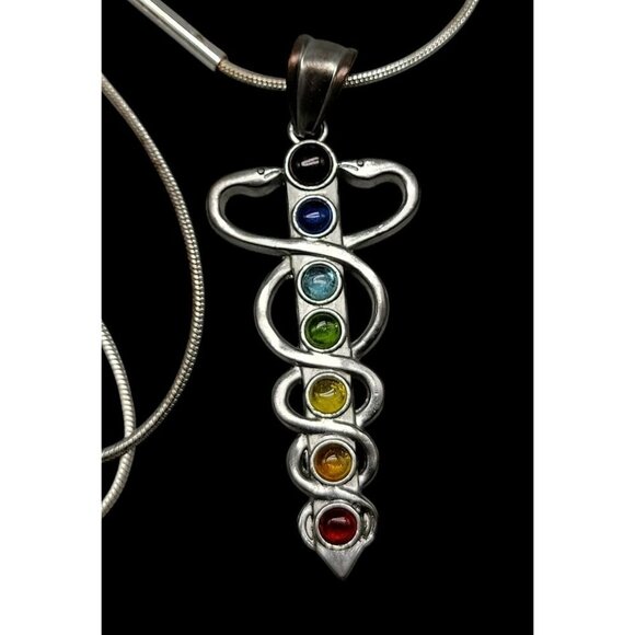 Chakra Healing Caduceus Pendant Necklace Faux Gemstones 35" Chain Silver Tone - Picture 7 of 16